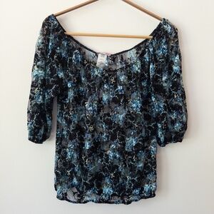 Y2K Sheer Lace Floral Top Womens M Off Shoulder Fairy Whimsigoth Ethereal Dreamy